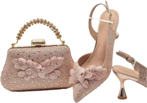 Women's Fashion Diamond High Heel Shoes and Bag Set with Pointed Toe Spike Heel Slingbacks for Party