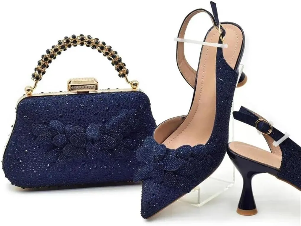 Women's Fashion Diamond High Heel Shoes and Bag Set with Pointed Toe Spike Heel Slingbacks for Party