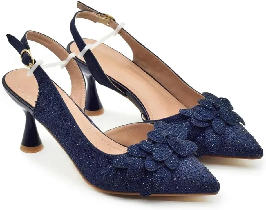 Women's Fashion Diamond High Heel Shoes and Bag Set with Pointed Toe Spike Heel Slingbacks for Party