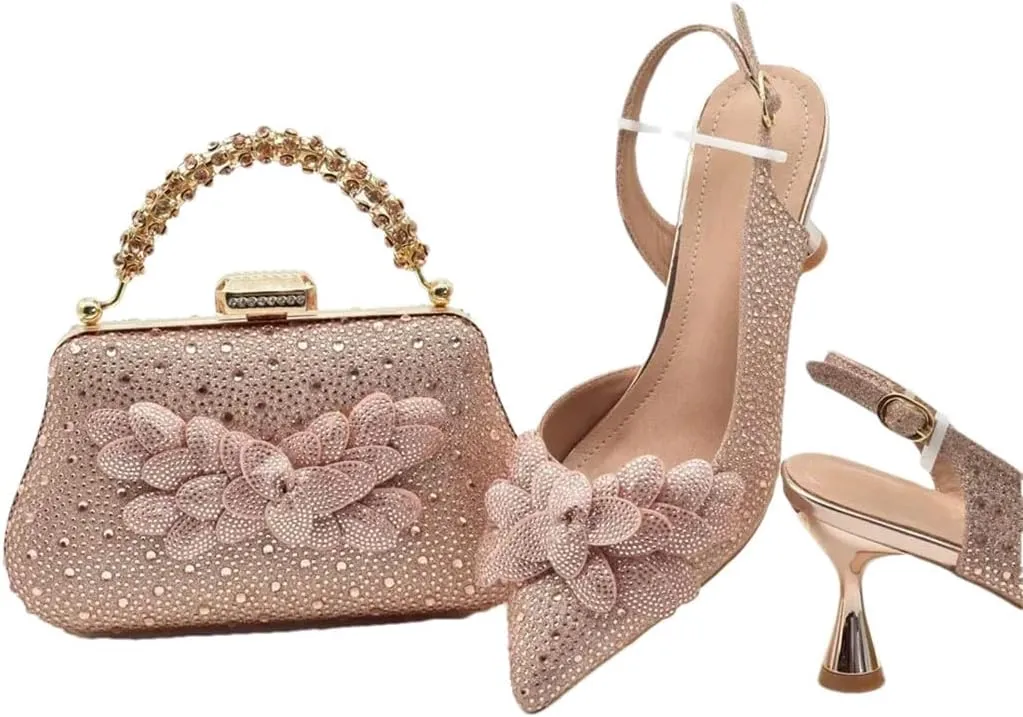 Women's Fashion Diamond High Heel Shoes and Bag Set with Pointed Toe Spike Heel Slingbacks for Party