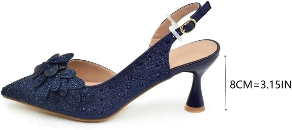 Women's Fashion Diamond High Heel Shoes and Bag Set with Pointed Toe Spike Heel Slingbacks for Party