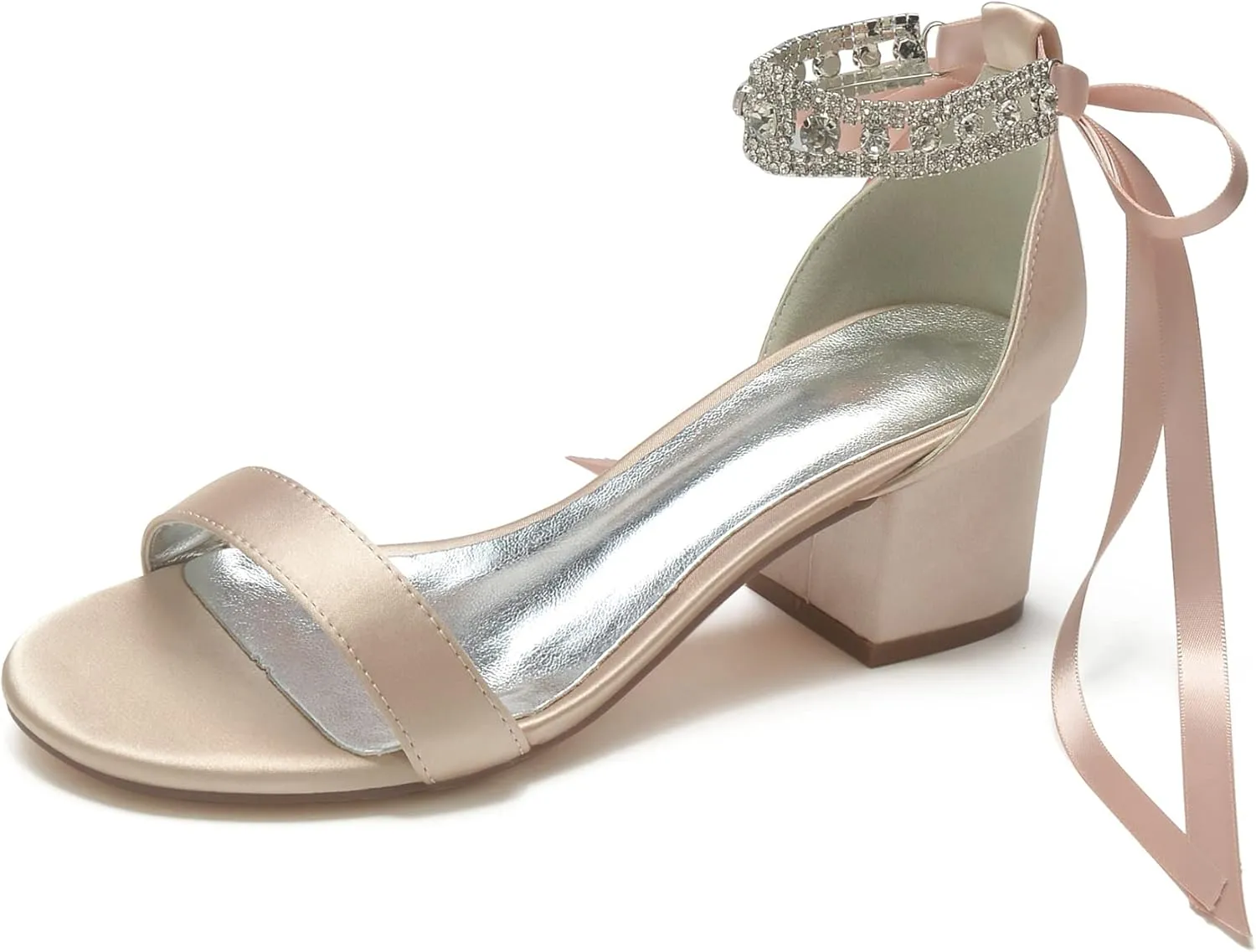 Women's Rhinestones Block Heels Satin Wedding Shoes for Bride Low Heels Comfortable Bridal Shoes White Heels Chunky Formal Evening Party Prom Sandals Pumps