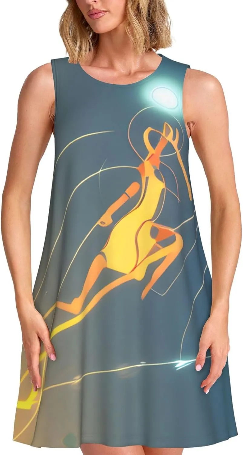 Women's Sleeveless Dress - Summer Beach Jumping Musical Notes Print Casual Sundress, Cool Comfortable Breathable Sexy