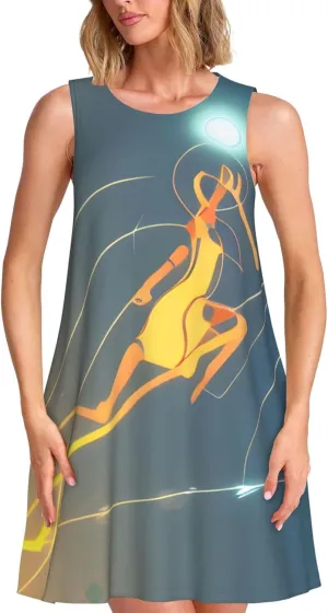 Women's Sleeveless Dress - Summer Beach Jumping Musical Notes Print Casual Sundress, Cool Comfortable Breathable Sexy