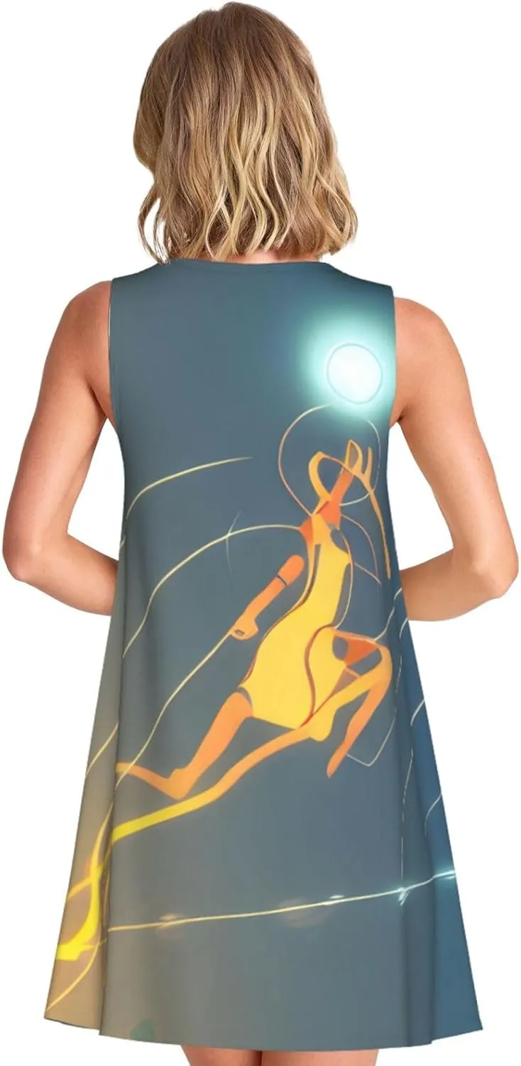 Women's Sleeveless Dress - Summer Beach Jumping Musical Notes Print Casual Sundress, Cool Comfortable Breathable Sexy