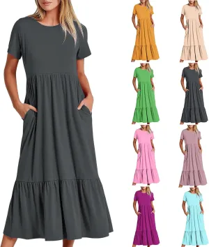 Womens Summer Short Sleeve Crewneck Shirt Dress Casual Flowy Tiered Maxi Beach Dress with Pockets Elegant Long Dresses Summer Dresses for Women Dark Gray 2X