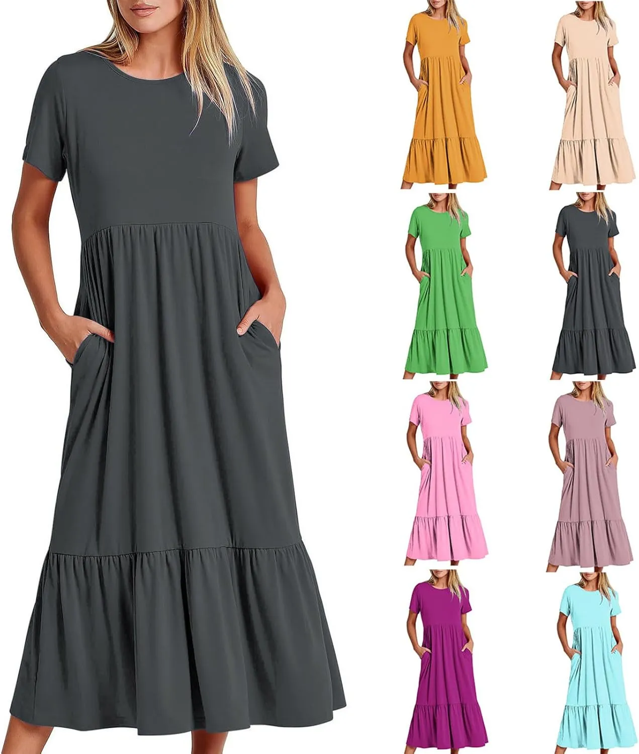 Womens Summer Short Sleeve Crewneck Shirt Dress Casual Flowy Tiered Maxi Beach Dress with Pockets Elegant Long Dresses Summer Dresses for Women Dark Gray 2X