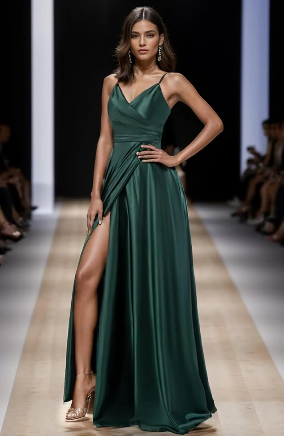 Women's V-Neck Satin Bridesmaid Dresses Long Spaghetti Strap Corset Prom Formal Dress with Slit