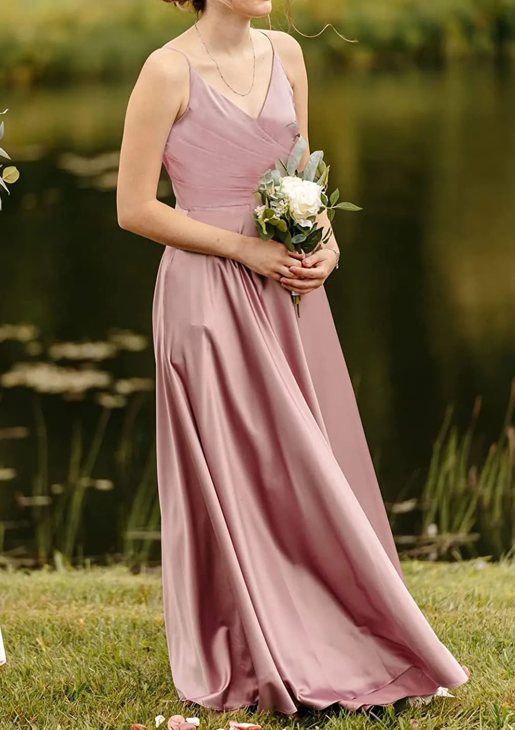 Women's V-Neck Satin Bridesmaid Dresses Long Spaghetti Strap Corset Prom Formal Dress with Slit