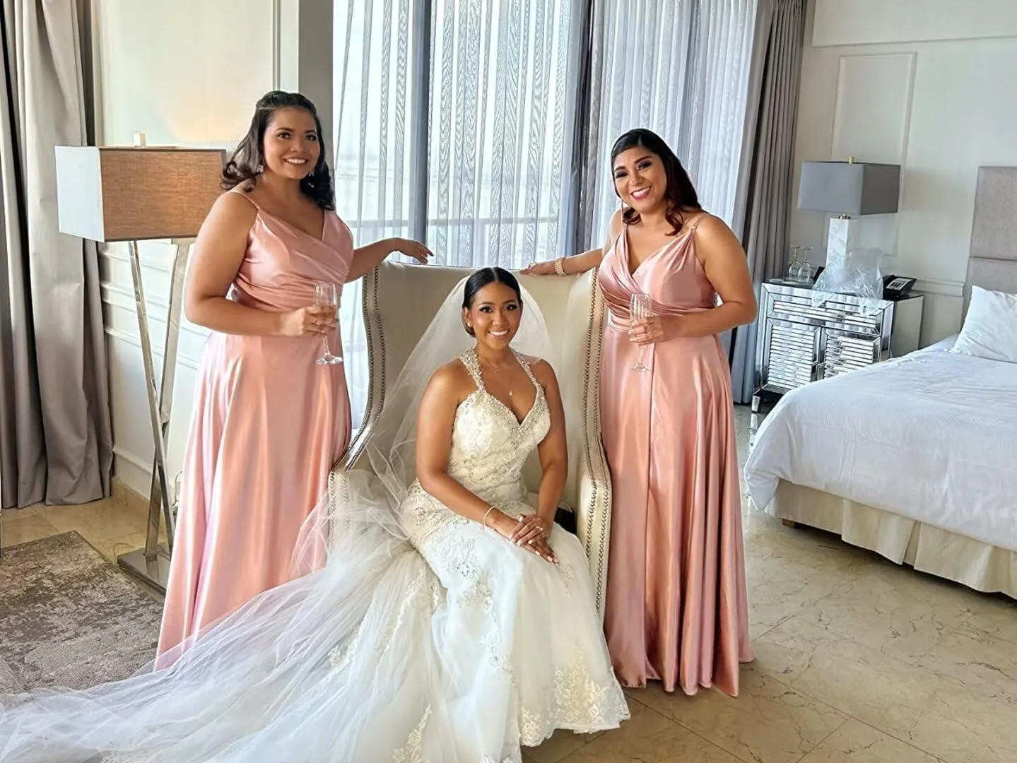 Women's V-Neck Satin Bridesmaid Dresses Long Spaghetti Strap Corset Prom Formal Dress with Slit