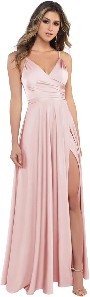Women's V-Neck Satin Bridesmaid Dresses Long Spaghetti Strap Corset Prom Formal Dress with Slit