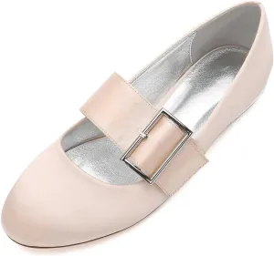 Womens Wedding Shoes Women's Comfortable Flat Dress Shoes for Wedding: Satin Mary Jane Bridal Flats with Buckle, Round Toe(Champagne,6)