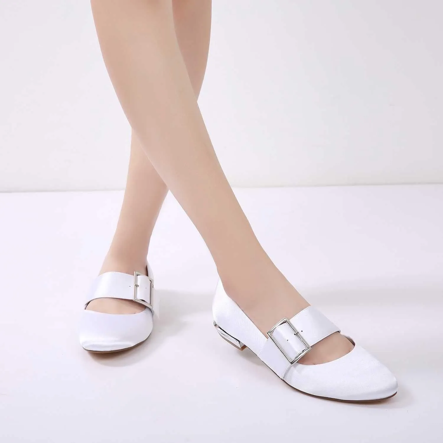 Womens Wedding Shoes Women's Comfortable Flat Dress Shoes for Wedding: Satin Mary Jane Bridal Flats with Buckle, Round Toe(Champagne,6)