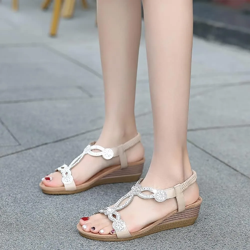 Women's Wedge Sandals Summer Comfortable Casual Bohemian Rhinestone Platform Outdoor Beach Shoes