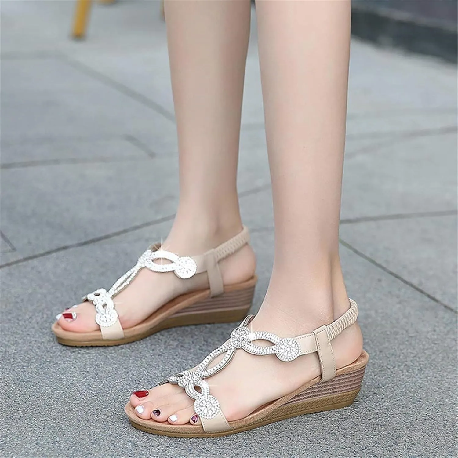 Women's Wedge Sandals Summer Comfortable Casual Bohemian Rhinestone Platform Outdoor Beach Shoes