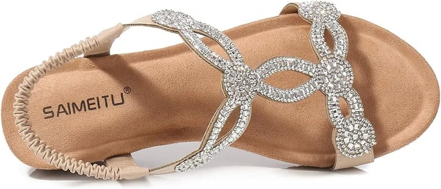 Women's Wedge Sandals Summer Comfortable Casual Bohemian Rhinestone Platform Outdoor Beach Shoes