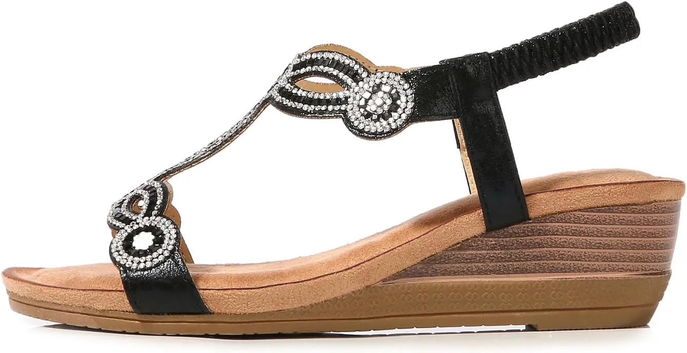 Women's Wedge Sandals Summer Comfortable Casual Bohemian Rhinestone Platform Outdoor Beach Shoes