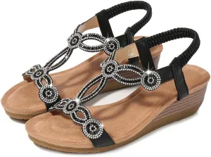 Women's Wedge Sandals Summer Comfortable Casual Bohemian Rhinestone Platform Outdoor Beach Shoes
