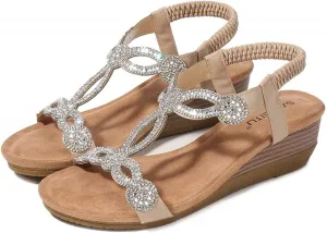 Women's Wedge Sandals Summer Comfortable Casual Bohemian Rhinestone Platform Outdoor Beach Shoes
