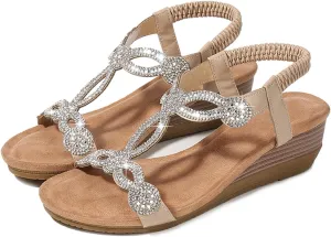 Women's Wedge Sandals Summer Comfortable Casual Bohemian Rhinestone Platform Outdoor Beach Shoes