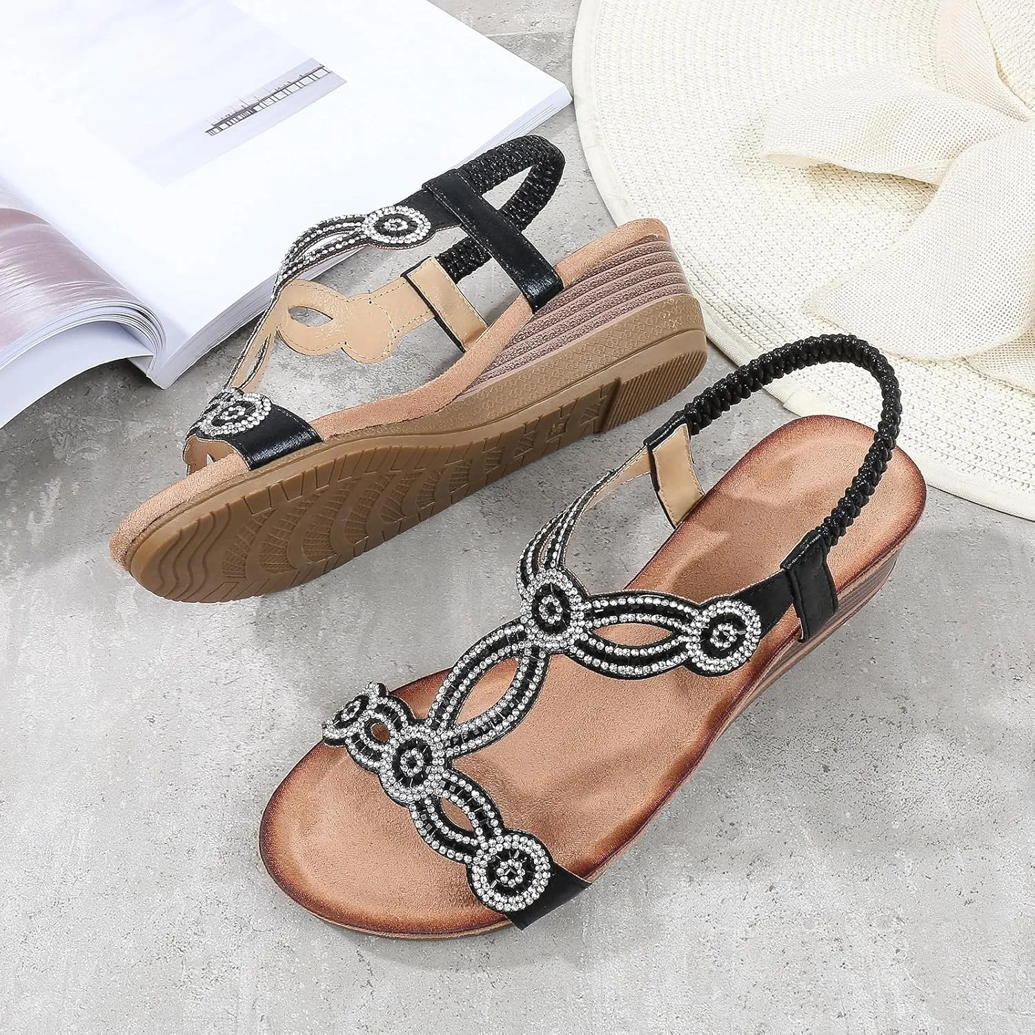 Women's Wedge Sandals Summer Comfortable Casual Bohemian Rhinestone Platform Outdoor Beach Shoes