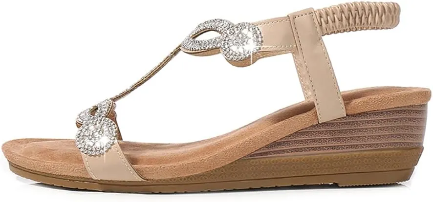 Women's Wedge Sandals Summer Comfortable Casual Bohemian Rhinestone Platform Outdoor Beach Shoes