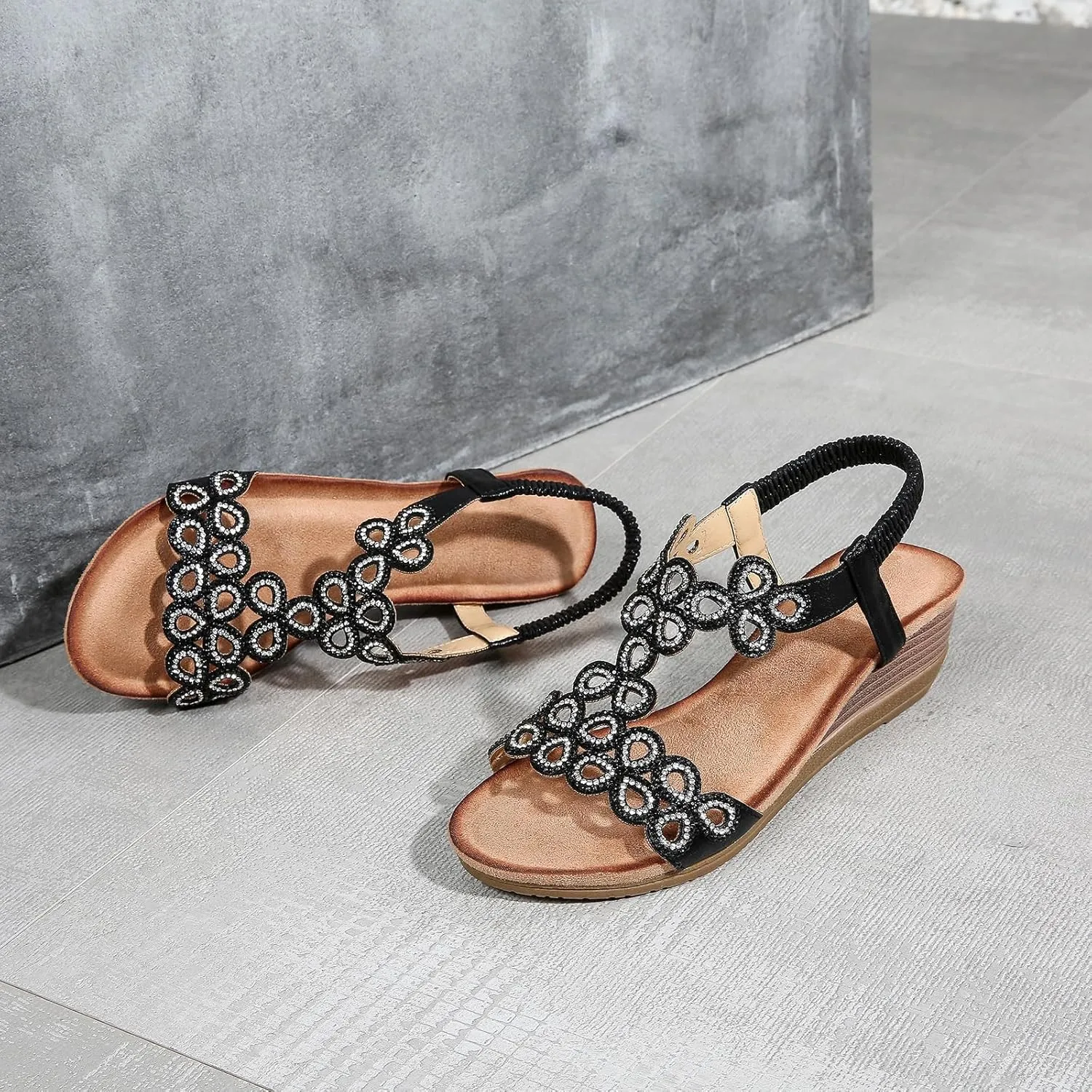 Women's Wedge Sandals Summer Comfortable Casual Bohemian Rhinestone Platform Outdoor Beach Shoes