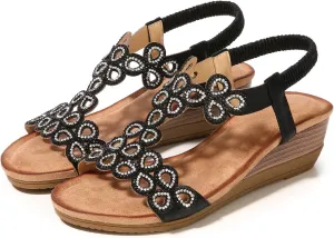 Women's Wedge Sandals Summer Comfortable Casual Bohemian Rhinestone Platform Outdoor Beach Shoes