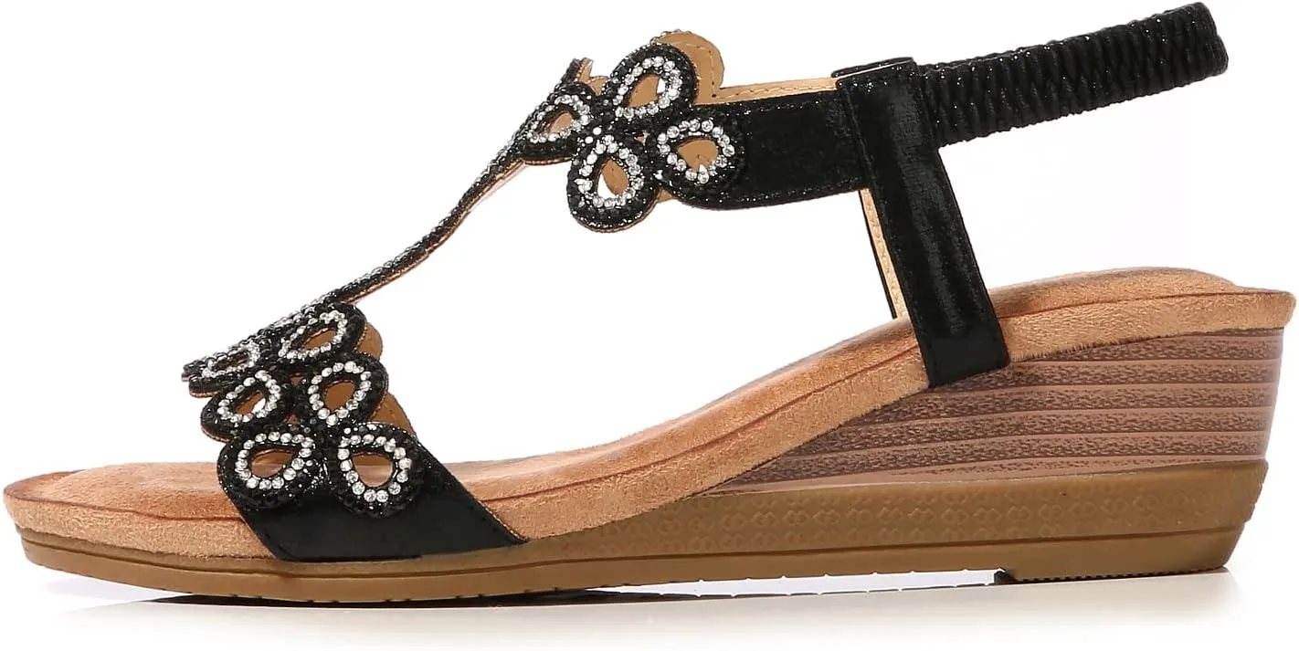 Women's Wedge Sandals Summer Comfortable Casual Bohemian Rhinestone Platform Outdoor Beach Shoes