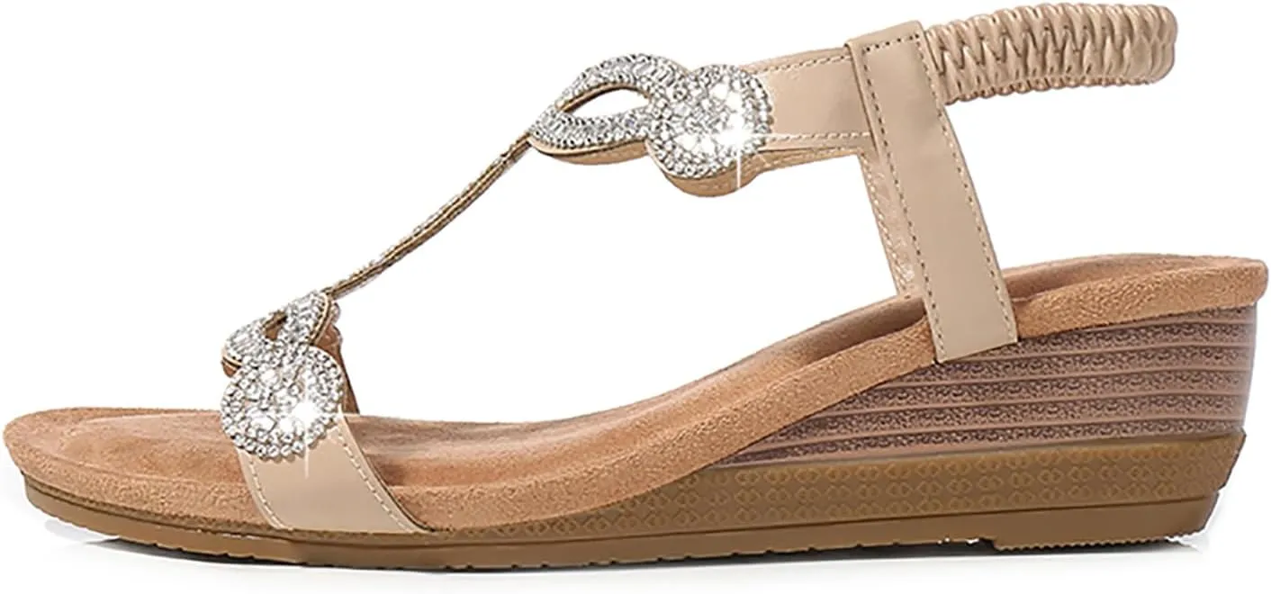 Women's Wedge Sandals Summer Comfortable Casual Bohemian Rhinestone Platform Outdoor Beach Shoes