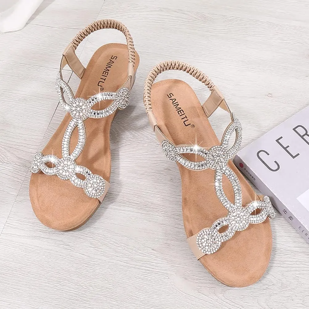 Women's Wedge Sandals Summer Comfortable Casual Bohemian Rhinestone Platform Outdoor Beach Shoes