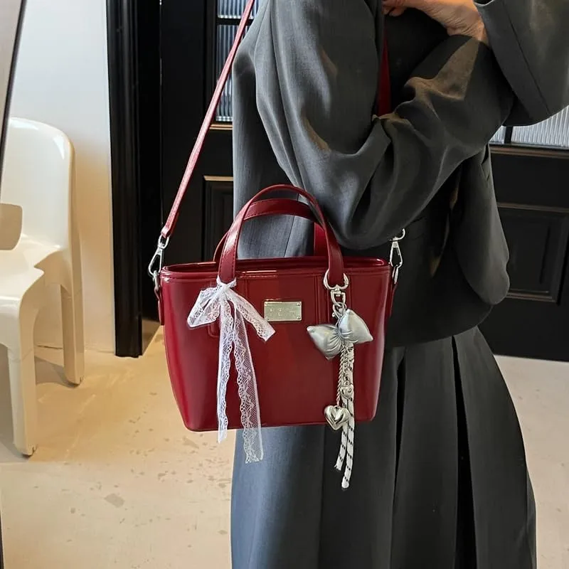 Women's Y2k Purse Cute Bow Purse Small Tote Bag Faux Leather Shoulder Bag Trendy Crossbody Bags Red Handbag Purse