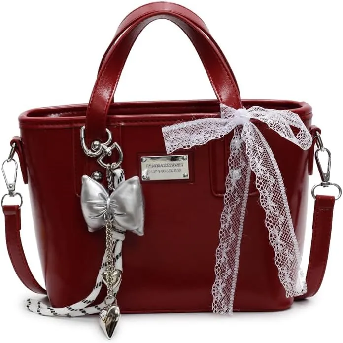 Women's Y2k Purse Cute Bow Purse Small Tote Bag Faux Leather Shoulder Bag Trendy Crossbody Bags Red Handbag Purse
