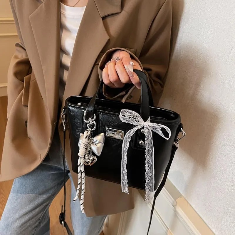 Women's Y2k Purse Cute Bow Purse Small Tote Bag Faux Leather Shoulder Bag Trendy Crossbody Bags Red Handbag Purse