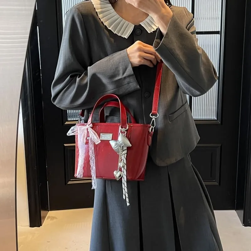 Women's Y2k Purse Cute Bow Purse Small Tote Bag Faux Leather Shoulder Bag Trendy Crossbody Bags Red Handbag Purse