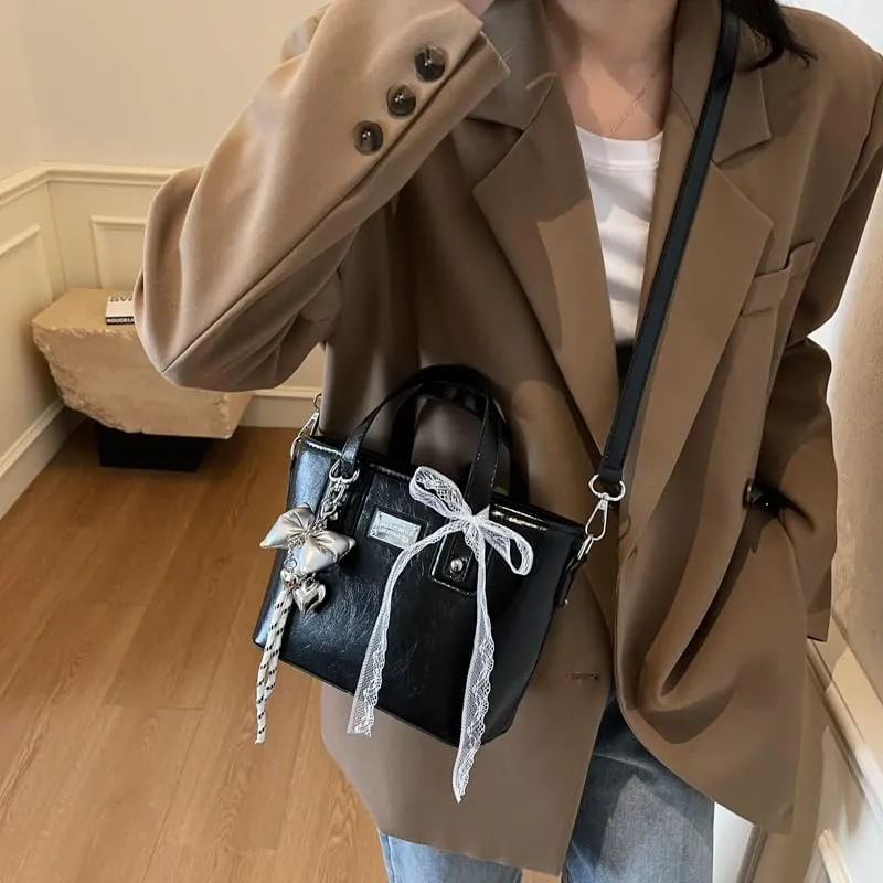 Women's Y2k Purse Cute Bow Purse Small Tote Bag Faux Leather Shoulder Bag Trendy Crossbody Bags Red Handbag Purse
