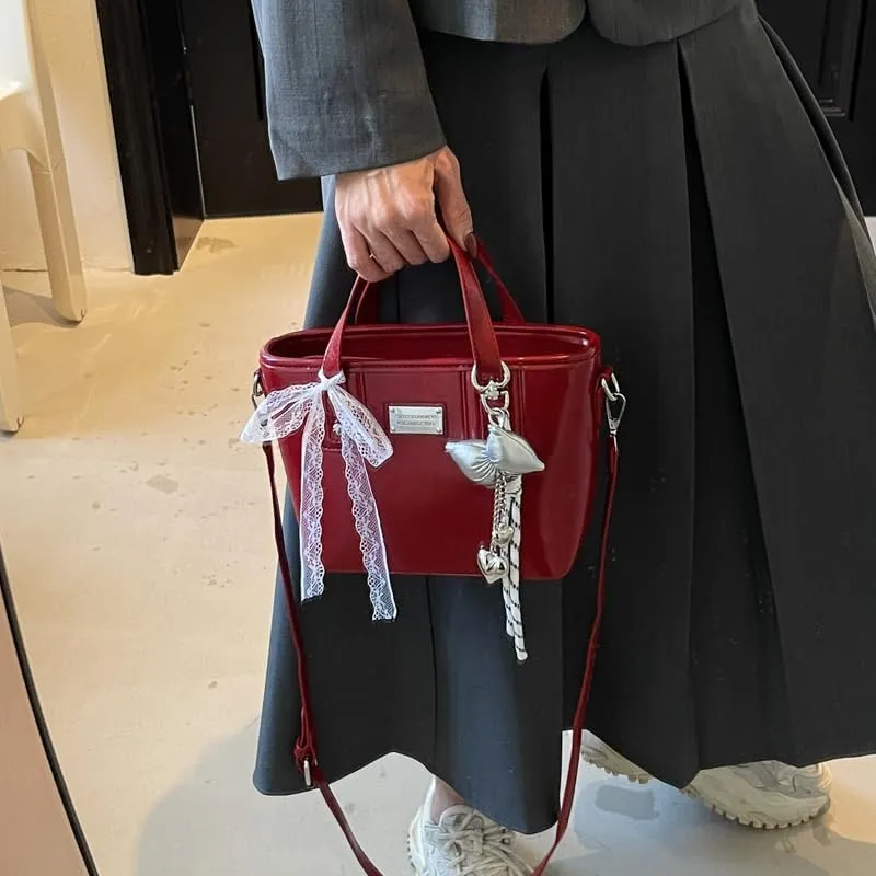 Women's Y2k Purse Cute Bow Purse Small Tote Bag Faux Leather Shoulder Bag Trendy Crossbody Bags Red Handbag Purse