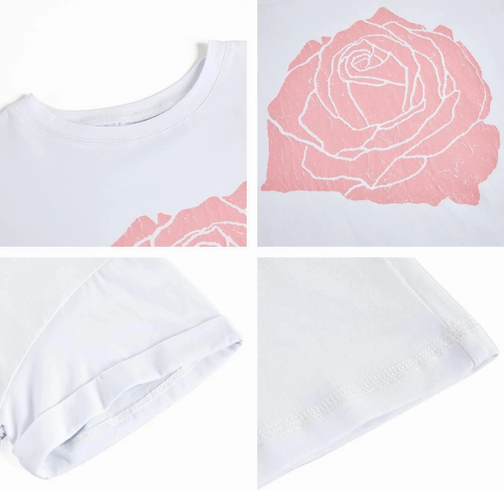 Womens Rose Graphic Tee T Shirt Loose Fit Summer Short Sleeve Casual Boyfriend Crew Neck Tops