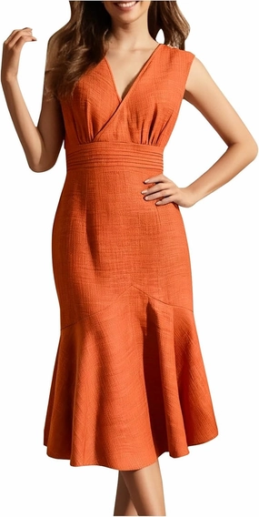 Womens Summer Casual Sleeveless Bodycon Dress A-Line High Waist V Neck Mermaid Dresses Dressy Midi Long Sundress