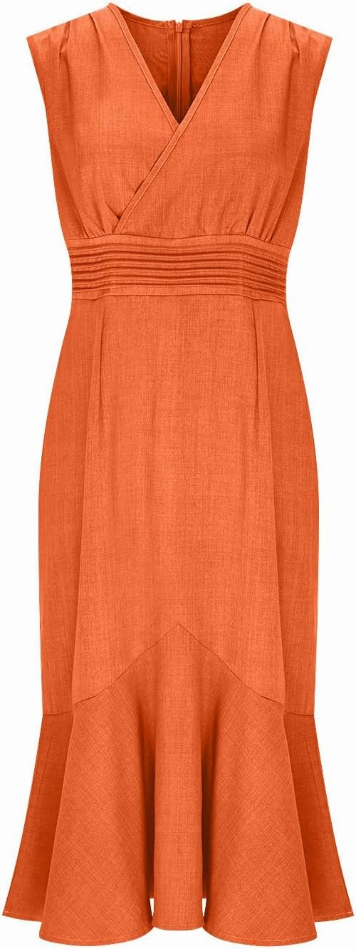 Womens Summer Casual Sleeveless Bodycon Dress A-Line High Waist V Neck Mermaid Dresses Dressy Midi Long Sundress