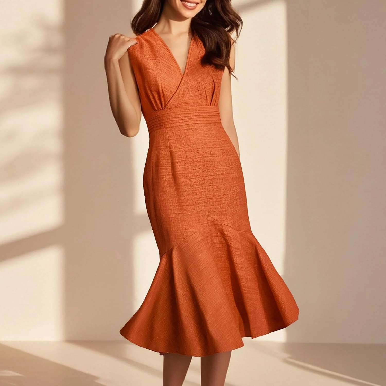 Womens Summer Casual Sleeveless Bodycon Dress A-Line High Waist V Neck Mermaid Dresses Dressy Midi Long Sundress