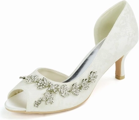 Womens Wedding Shoes Women Kitten Mid Low Stiletto Heel Pumps Peep Toe Lace Buckle Rhinestone Wedding Shoes,White,11(Ivory,8.5)
