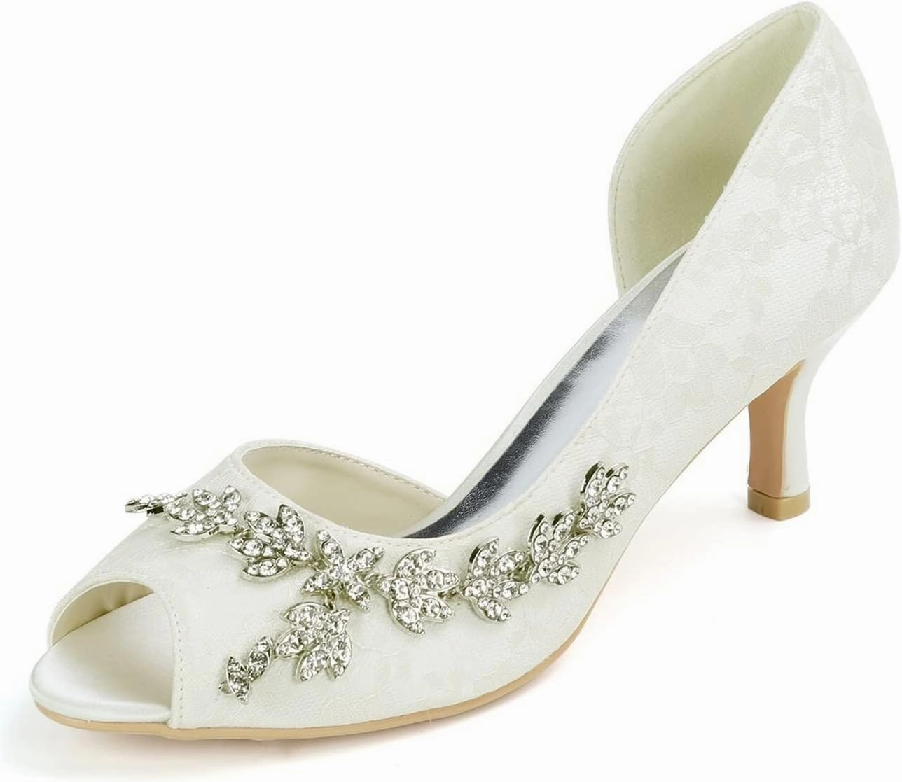 Womens Wedding Shoes Women Kitten Mid Low Stiletto Heel Pumps Peep Toe Lace Buckle Rhinestone Wedding Shoes,White,11(Ivory,8.5)
