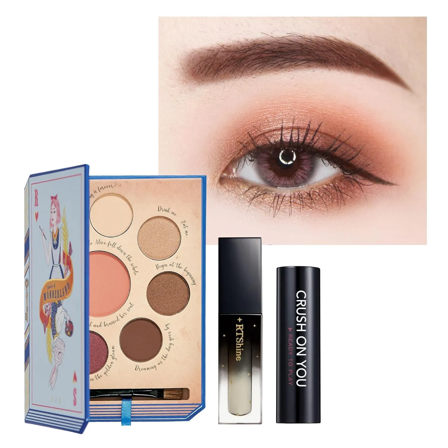 Wonderland Glamour Trio: READY TO SHINE Shades of Wonderland Blush and Eyeshadow Palette, CRUSH ON YOU Lipstick 302, and FABULOUS Hydrating Clear Lip Glow 100