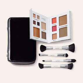 Woosh Beauty, Jetsetter Bundle, Fold out Face Original, Essential Brush Set, Travel Case in Black, Shade #4 Medium Deep
