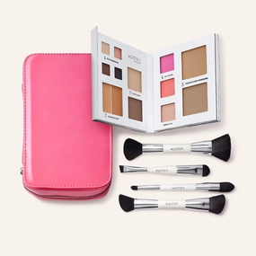 Woosh Beauty, Jetsetter Bundle, Fold out Face Original, Essential Brush Set, Travel Case in Hot Pink, Shade #3 Medium