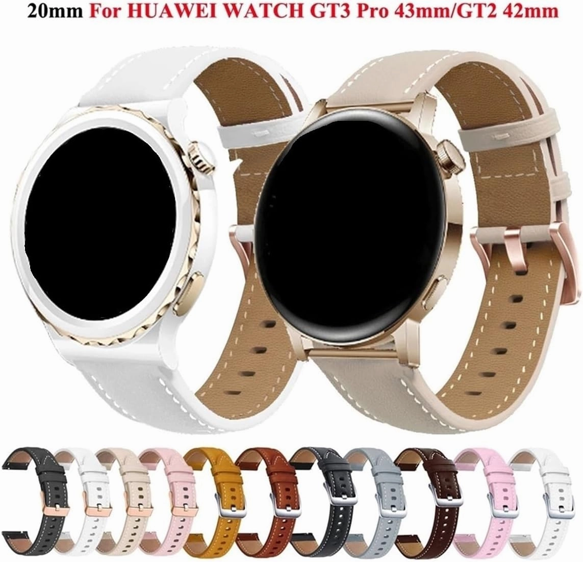 WUURAA Replacement Women 20mm Wrist Watch Band Bracelet Fit for Huawei Watch GT2 GT3 42mm GT3 Pro 43mm Leather Watch Strap Rose Gold Buckle
