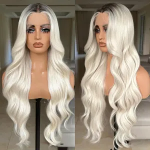 X-TRESS 30 Inch Blonde Lace Front Wigs with Body Wave, Pre Plucked, Synthetic Lace Frontal Wig with Dark Roots, 13x4x1 Density