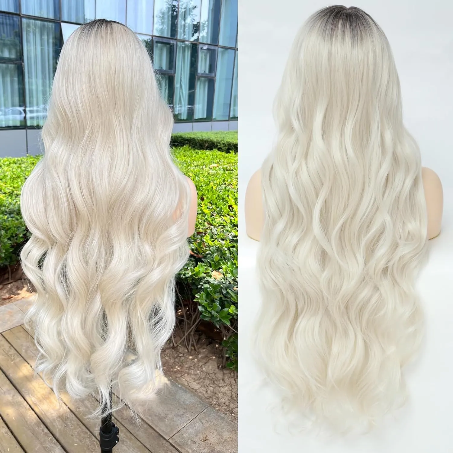 X-TRESS 30 Inch Blonde Lace Front Wigs with Body Wave, Pre Plucked, Synthetic Lace Frontal Wig with Dark Roots, 13x4x1 Density