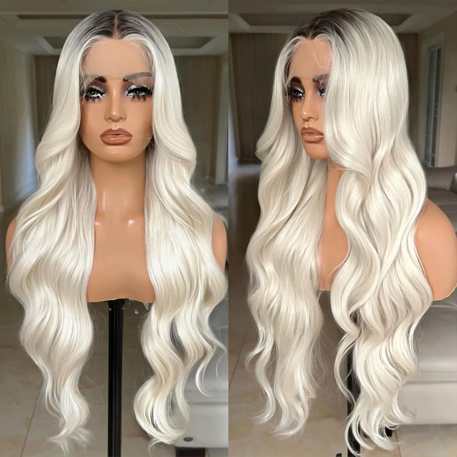 X-TRESS 30 Inch Blonde Lace Front Wigs with Body Wave, Pre Plucked, Synthetic Lace Frontal Wig with Dark Roots, 13x4x1 Density